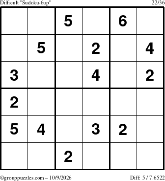The grouppuzzles.com Difficult Sudoku-6up puzzle for Friday October 9, 2026