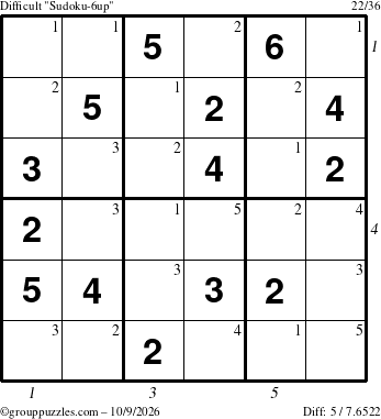 The grouppuzzles.com Difficult Sudoku-6up puzzle for Friday October 9, 2026 with all 5 steps marked