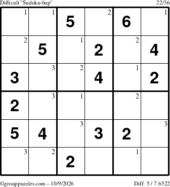 The grouppuzzles.com Difficult Sudoku-6up puzzle for Friday October 9, 2026 with the first 3 steps marked