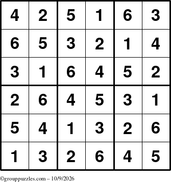 The grouppuzzles.com Answer grid for the Sudoku-6up puzzle for Friday October 9, 2026