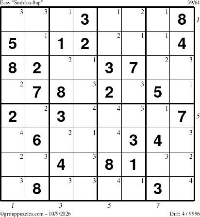 The grouppuzzles.com Easy Sudoku-8up puzzle for Friday October 9, 2026, suitable for printing, with all 4 steps marked