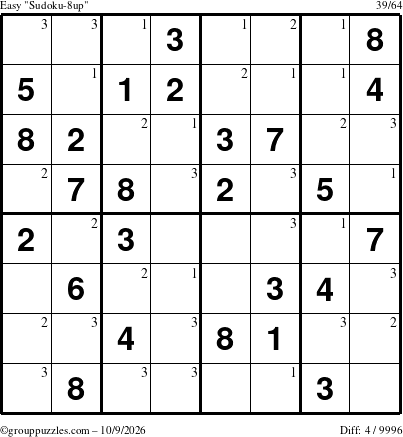 The grouppuzzles.com Easy Sudoku-8up puzzle for Friday October 9, 2026 with the first 3 steps marked