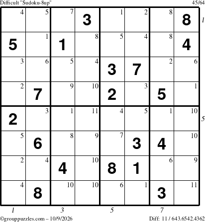 The grouppuzzles.com Difficult Sudoku-8up puzzle for Friday October 9, 2026 with all 11 steps marked
