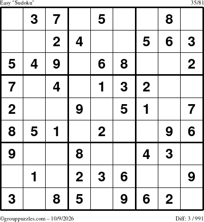 The grouppuzzles.com Easy Sudoku puzzle for Friday October 9, 2026