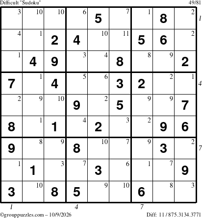 The grouppuzzles.com Difficult Sudoku puzzle for Friday October 9, 2026 with all 11 steps marked