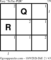The grouppuzzles.com Easy TicTac-PQR puzzle for Friday October 9, 2026 with all 2 steps marked