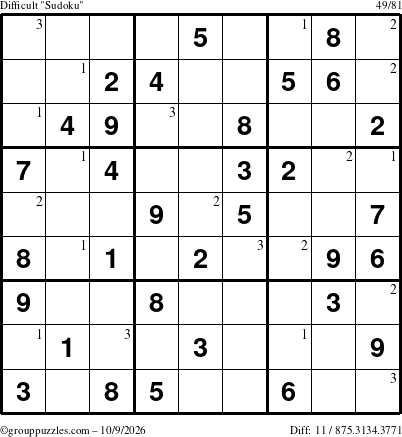 The grouppuzzles.com Difficult Sudoku puzzle for Friday October 9, 2026 with the first 3 steps marked