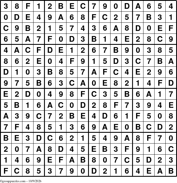 The grouppuzzles.com Answer grid for the Sudoku-16 puzzle for Friday October 9, 2026
