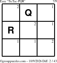The grouppuzzles.com Easy TicTac-PQR puzzle for Friday October 9, 2026 with the first 2 steps marked