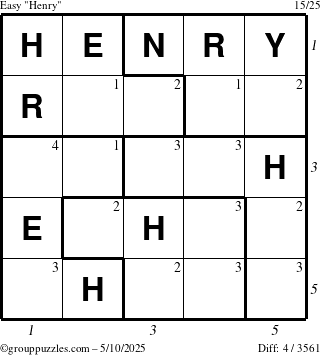 The grouppuzzles.com Easy Henry puzzle for Saturday May 10, 2025 with all 4 steps marked