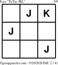 The grouppuzzles.com Easy TicTac-JKL puzzle for Sunday September 20, 2026