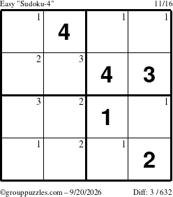 The grouppuzzles.com Easy Sudoku-4 puzzle for Sunday September 20, 2026 with the first 3 steps marked