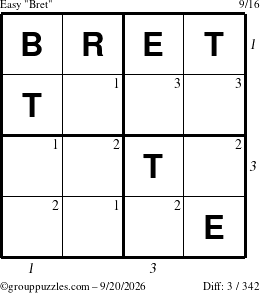 The grouppuzzles.com Easy Bret puzzle for Sunday September 20, 2026, suitable for printing, with all 3 steps marked