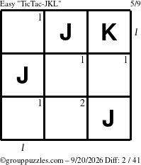 The grouppuzzles.com Easy TicTac-JKL puzzle for Sunday September 20, 2026 with all 2 steps marked
