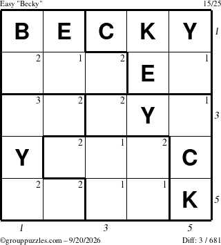 The grouppuzzles.com Easy Becky puzzle for Sunday September 20, 2026, suitable for printing, with all 3 steps marked