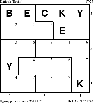 The grouppuzzles.com Difficult Becky puzzle for Sunday September 20, 2026 with all 8 steps marked