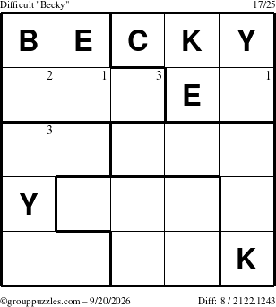 The grouppuzzles.com Difficult Becky puzzle for Sunday September 20, 2026 with the first 3 steps marked