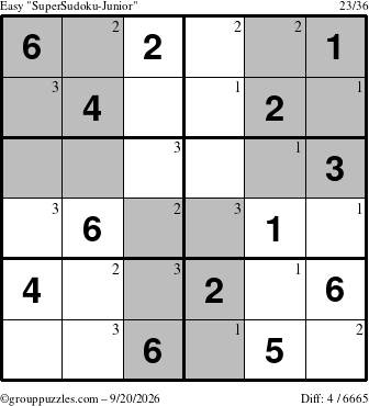 The grouppuzzles.com Easy SuperSudoku-Junior puzzle for Sunday September 20, 2026 with the first 3 steps marked