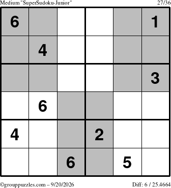 The grouppuzzles.com Medium SuperSudoku-Junior puzzle for Sunday September 20, 2026