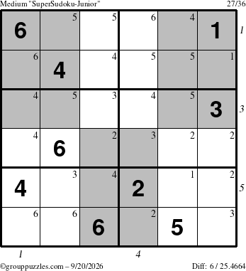 The grouppuzzles.com Medium SuperSudoku-Junior puzzle for Sunday September 20, 2026, suitable for printing, with all 6 steps marked