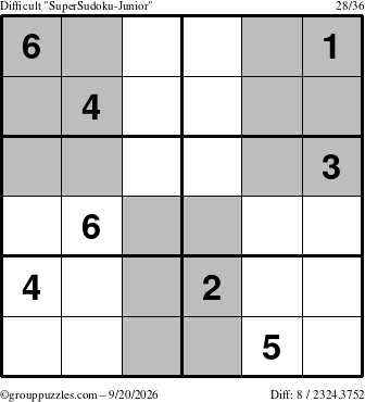 The grouppuzzles.com Difficult SuperSudoku-Junior puzzle for Sunday September 20, 2026