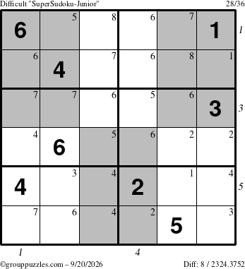 The grouppuzzles.com Difficult SuperSudoku-Junior puzzle for Sunday September 20, 2026, suitable for printing, with all 8 steps marked