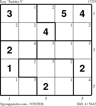 The grouppuzzles.com Easy Sudoku-5 puzzle for Sunday September 20, 2026, suitable for printing, with all 4 steps marked