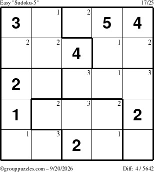 The grouppuzzles.com Easy Sudoku-5 puzzle for Sunday September 20, 2026 with the first 3 steps marked