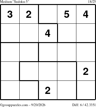 The grouppuzzles.com Medium Sudoku-5 puzzle for Sunday September 20, 2026