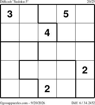 The grouppuzzles.com Difficult Sudoku-5 puzzle for Sunday September 20, 2026