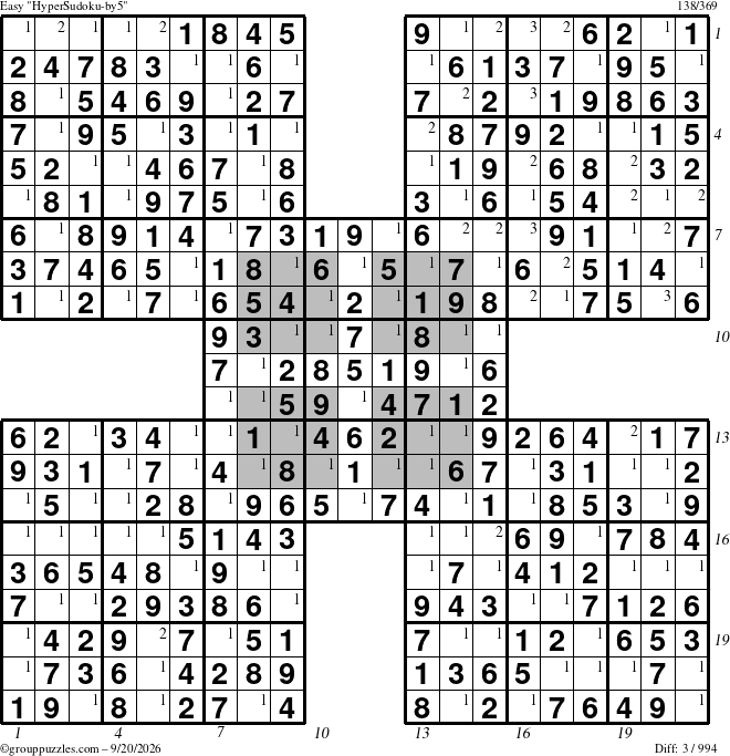 The grouppuzzles.com Easy HyperSudoku-by5 puzzle for Sunday September 20, 2026, suitable for printing, with all 3 steps marked