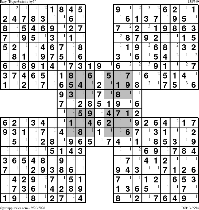 The grouppuzzles.com Easy HyperSudoku-by5 puzzle for Sunday September 20, 2026 with the first 3 steps marked