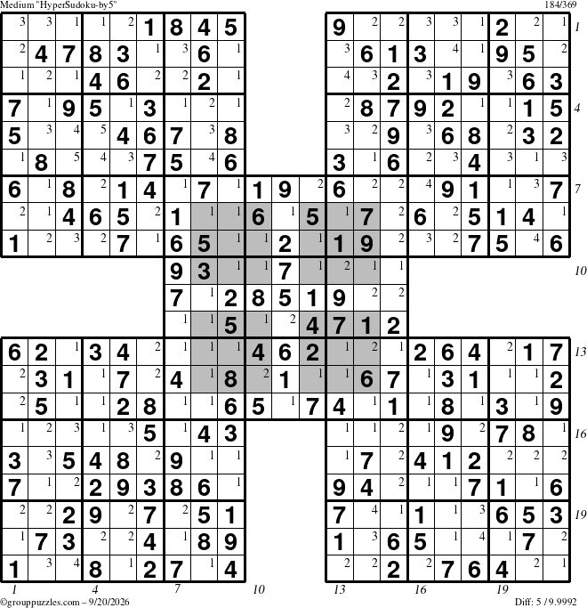 The grouppuzzles.com Medium HyperSudoku-by5 puzzle for Sunday September 20, 2026 with all 5 steps marked