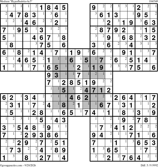 The grouppuzzles.com Medium HyperSudoku-by5 puzzle for Sunday September 20, 2026 with the first 3 steps marked
