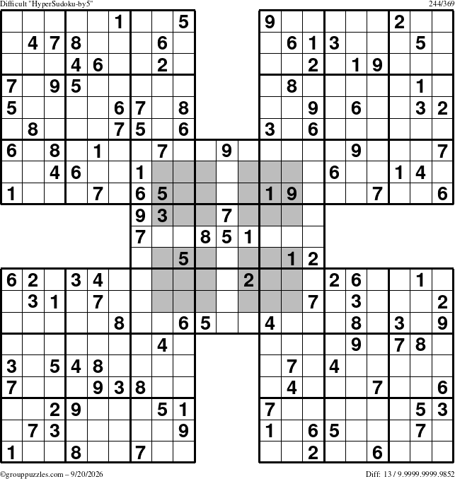 The grouppuzzles.com Difficult HyperSudoku-by5 puzzle for Sunday September 20, 2026