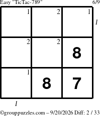 The grouppuzzles.com Easy TicTac-789 puzzle for Sunday September 20, 2026 with all 2 steps marked