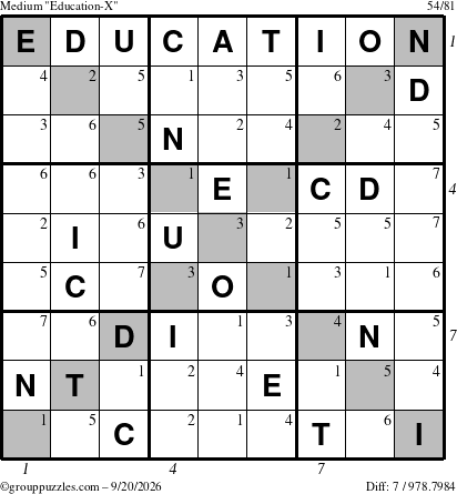 The grouppuzzles.com Medium Education-X puzzle for Sunday September 20, 2026 with all 7 steps marked