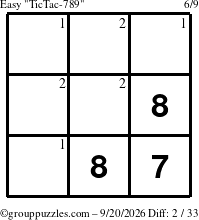 The grouppuzzles.com Easy TicTac-789 puzzle for Sunday September 20, 2026 with the first 2 steps marked
