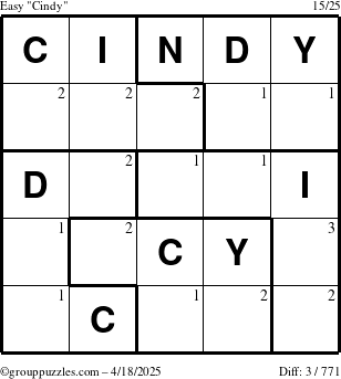 The grouppuzzles.com Easy Cindy puzzle for Friday April 18, 2025 with the first 3 steps marked