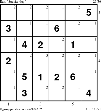 The grouppuzzles.com Easy Sudoku-6up puzzle for Friday April 18, 2025 with all 3 steps marked