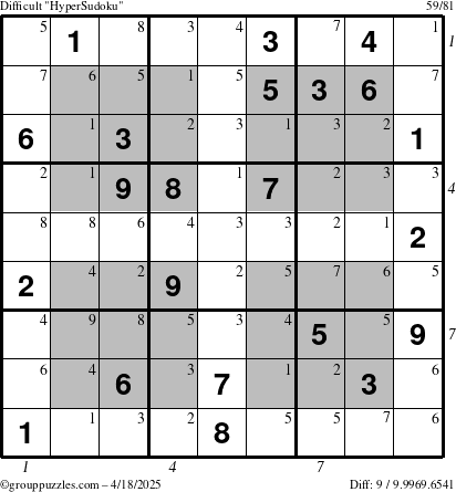 The grouppuzzles.com Difficult HyperSudoku puzzle for Friday April 18, 2025 with all 9 steps marked