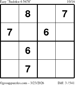 The grouppuzzles.com Easy Sudoku-4-5678 puzzle for Monday March 23, 2026