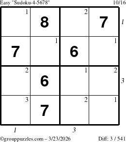 The grouppuzzles.com Easy Sudoku-4-5678 puzzle for Monday March 23, 2026 with all 3 steps marked