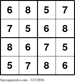 The grouppuzzles.com Answer grid for the Sudoku-4-5678 puzzle for Monday March 23, 2026