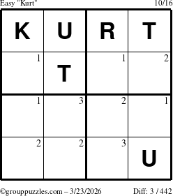 The grouppuzzles.com Easy Kurt puzzle for Monday March 23, 2026 with the first 3 steps marked