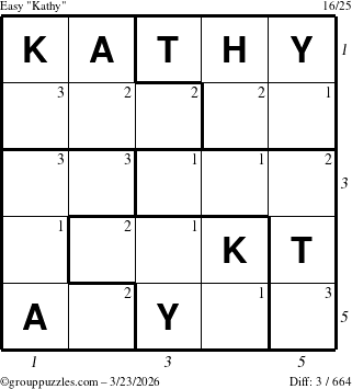 The grouppuzzles.com Easy Kathy puzzle for Monday March 23, 2026, suitable for printing, with all 3 steps marked