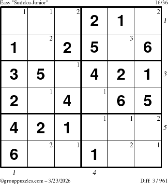 The grouppuzzles.com Easy Sudoku-Junior puzzle for Monday March 23, 2026 with all 3 steps marked