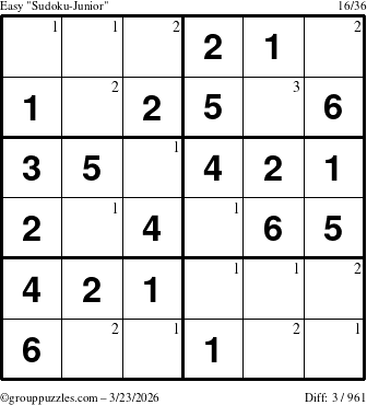 The grouppuzzles.com Easy Sudoku-Junior puzzle for Monday March 23, 2026 with the first 3 steps marked