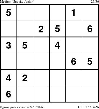 The grouppuzzles.com Medium Sudoku-Junior puzzle for Monday March 23, 2026