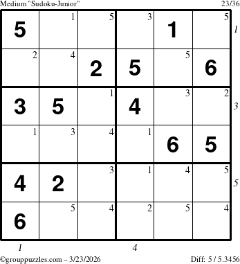 The grouppuzzles.com Medium Sudoku-Junior puzzle for Monday March 23, 2026, suitable for printing, with all 5 steps marked